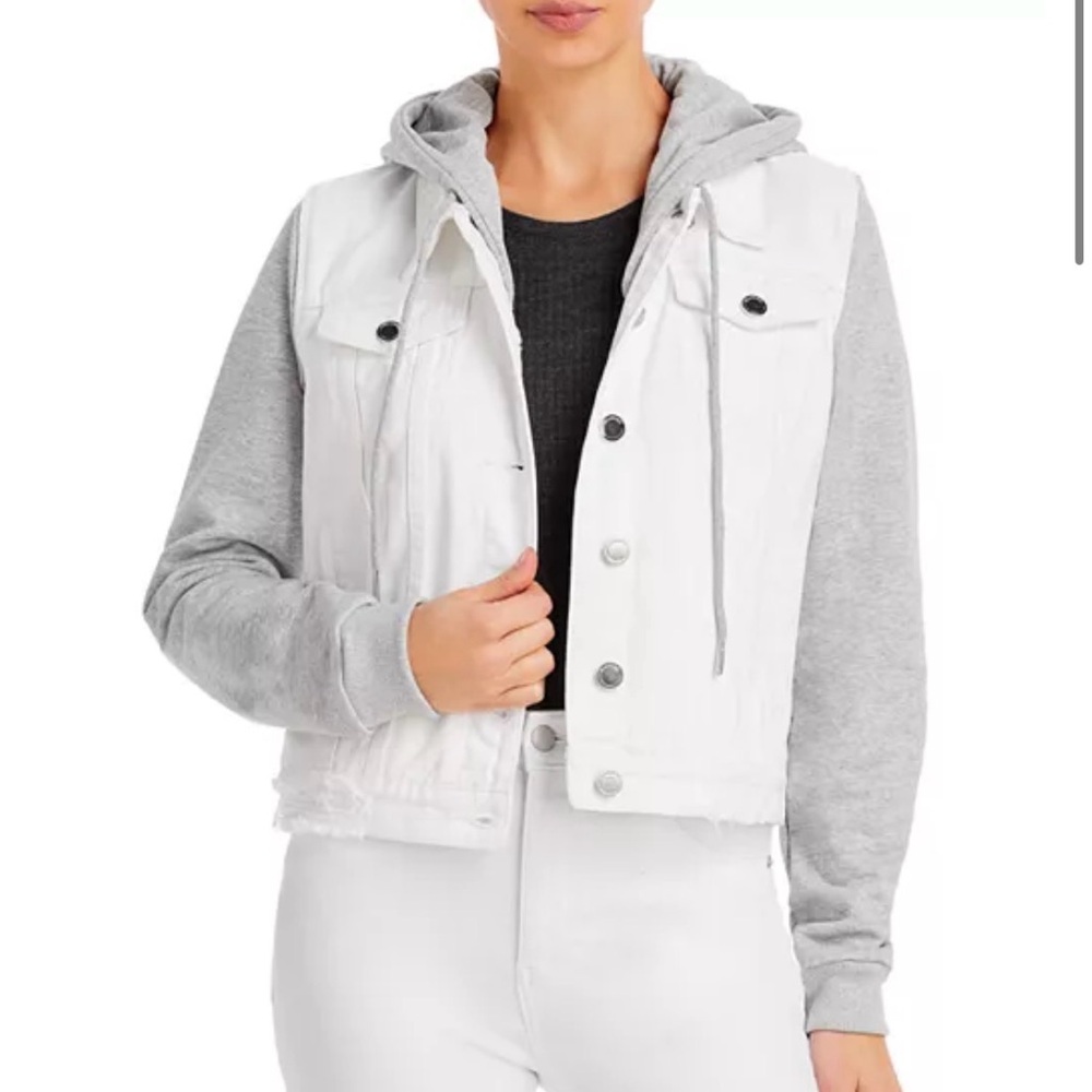 Blank NYC NWT Gray and White Fleece Sleeve Hooded Denim‎ Jacket